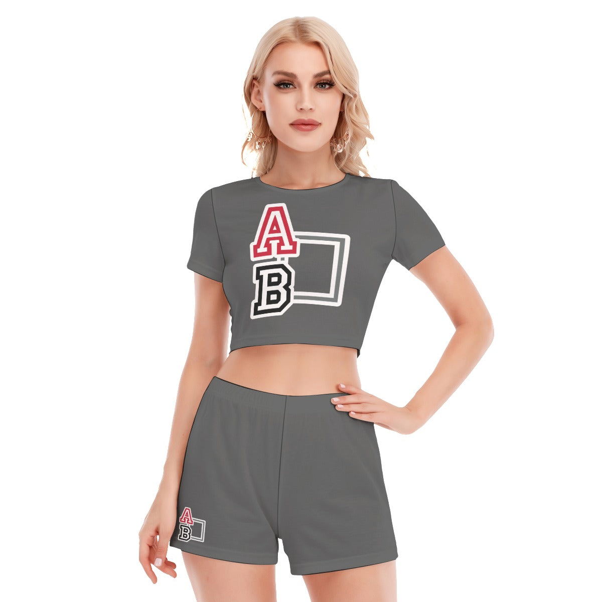 ABJ Greek Grey All-Over Print Women's Short Sleeve Cropped Top Shorts Suit