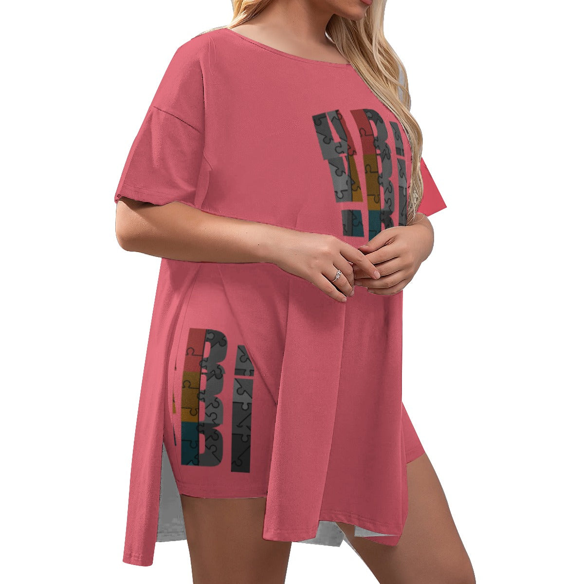 ABJ Amber Swing Pink All-Over Print Women's Drop-Shoulder T-Shirt with Side Split and Shorts (Plus Size)