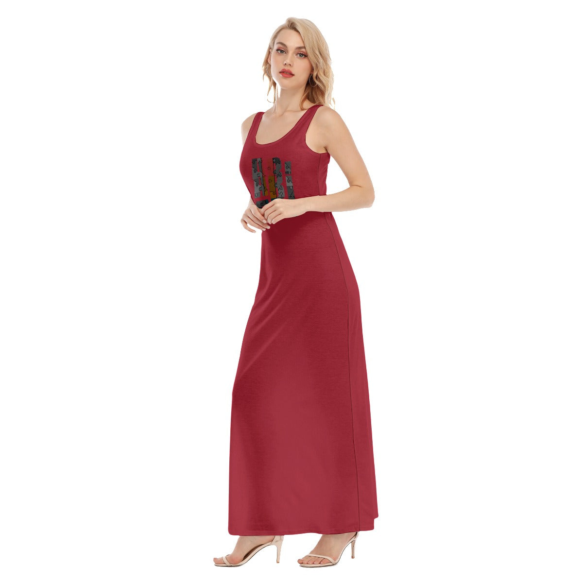 ABJ Samanth Dark Red All-Over Print Women's Vest Dress | Length To Ankle