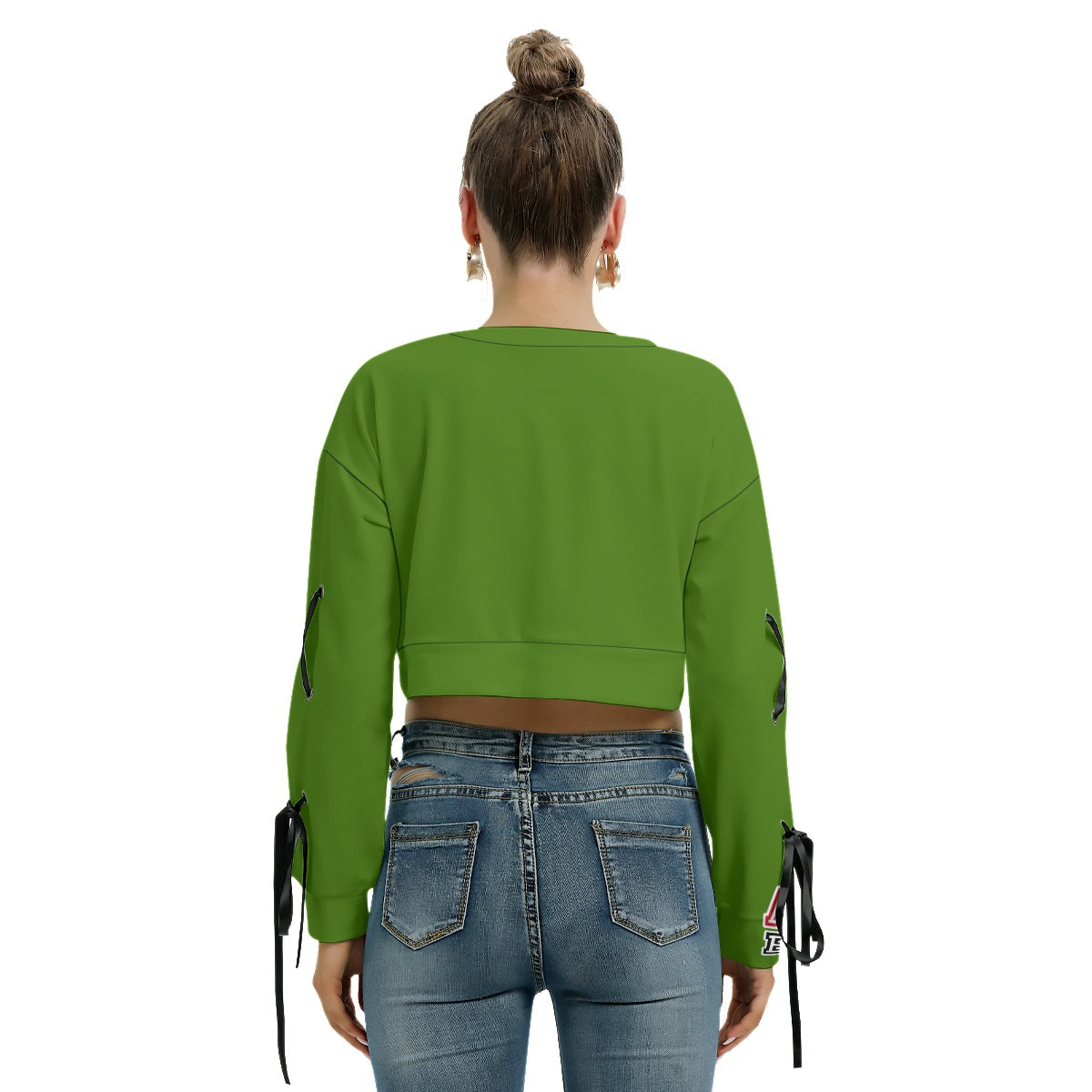 ABJ Ashley Apple Green All-Over Print Women's Long Sleeve Cropped Sweatshirt With Lace up