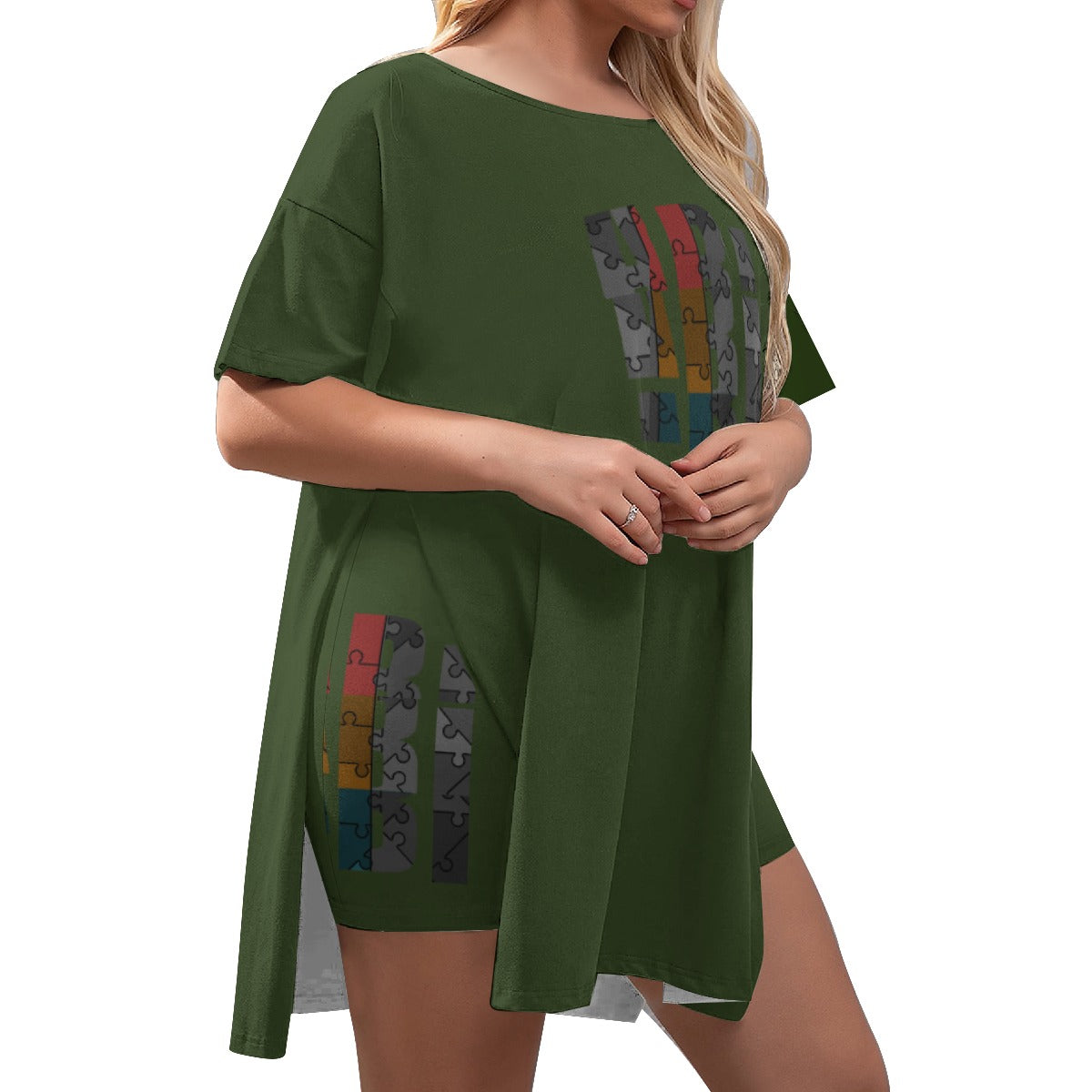 ABJ Amber Army Green All-Over Print Women's Drop-Shoulder T-Shirt with Side Split and Shorts (Plus Size)