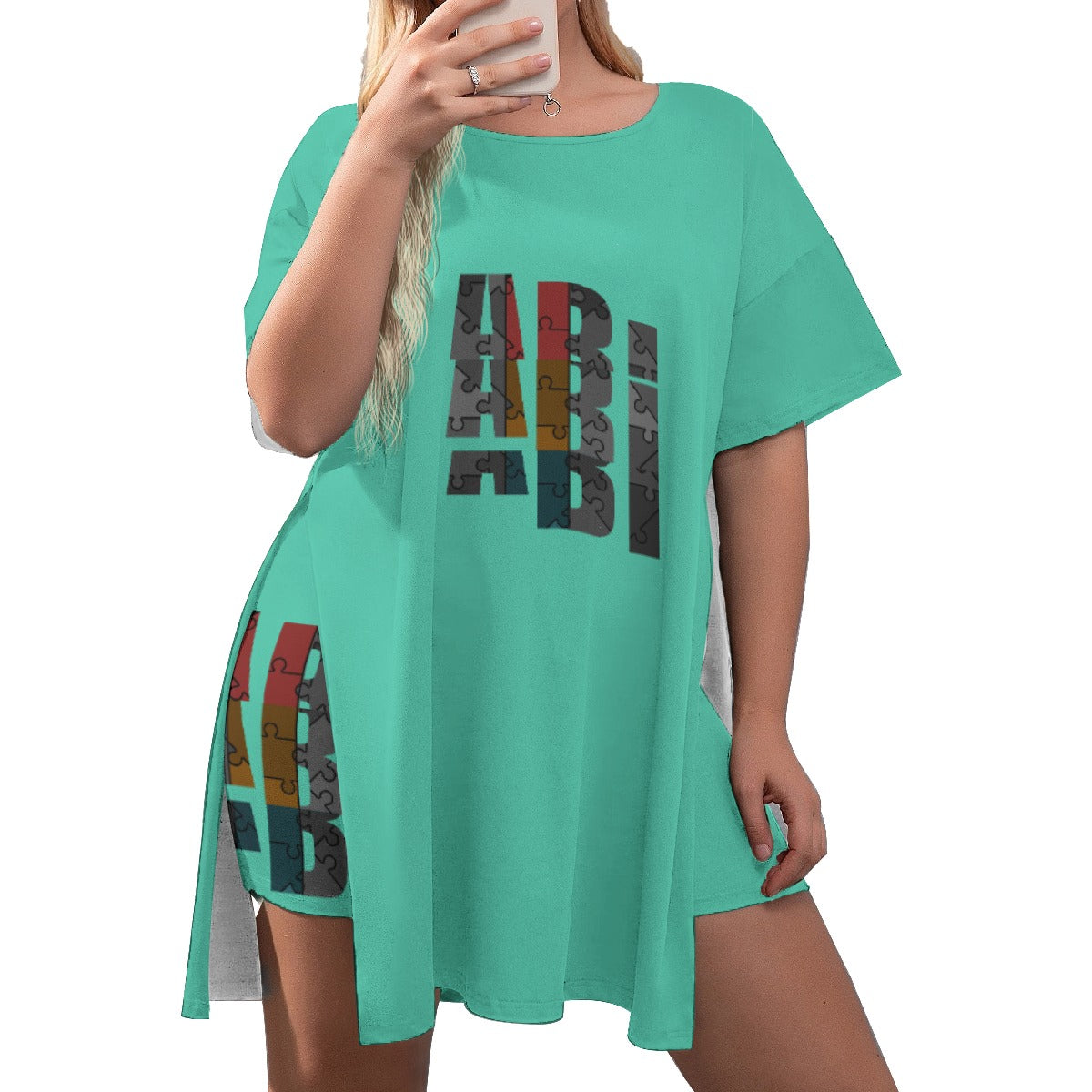 All-Over Print Women's Drop-Shoulder T-Shirt with Side Split and Shorts (Plus Size)