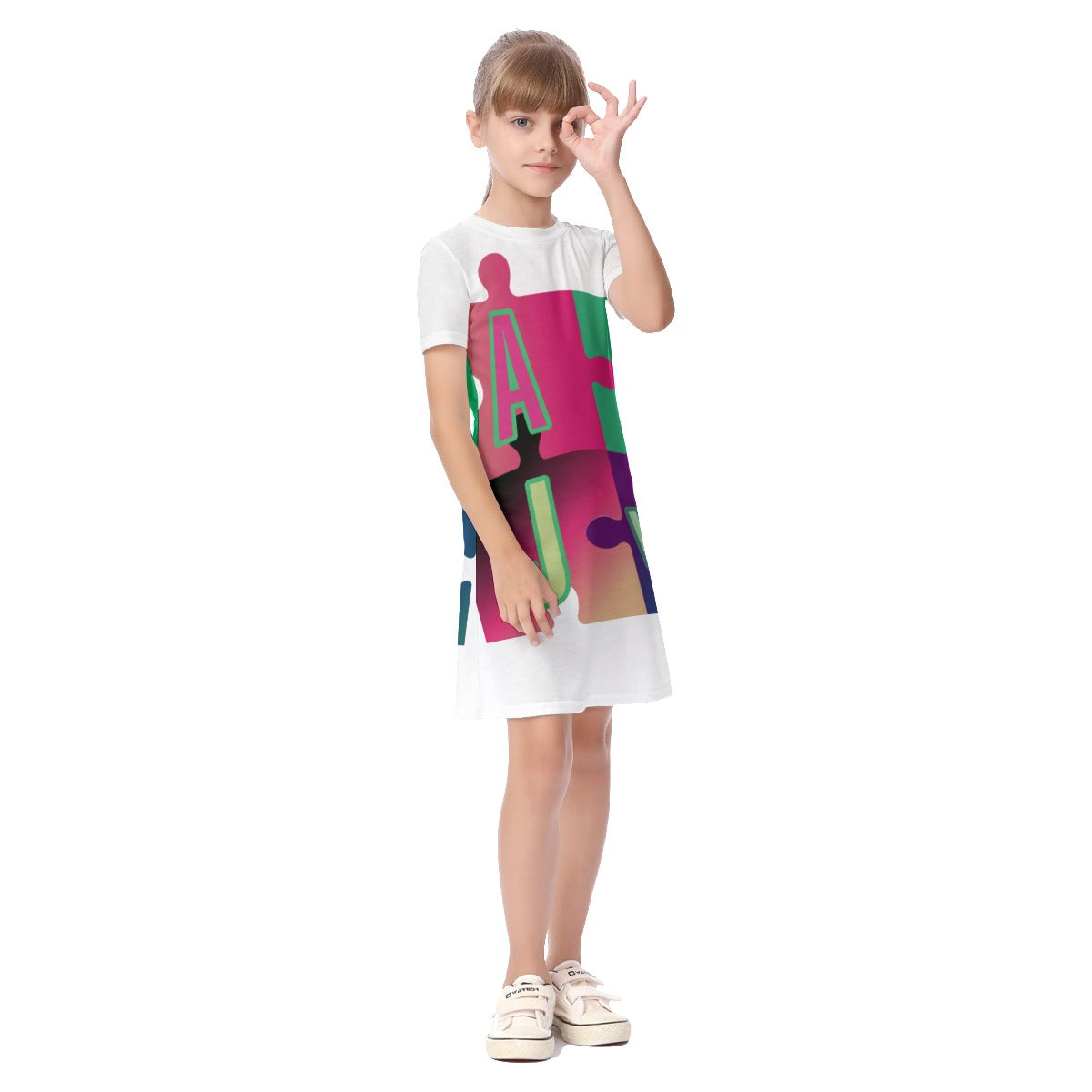 ABJ Puzzle All-Over Print Kid's Short Sleeve Dress