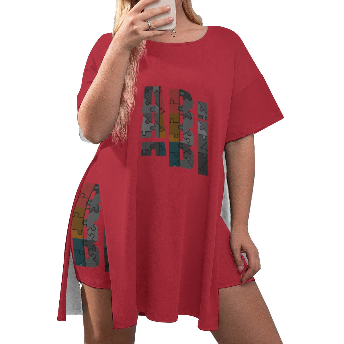 ABJ Amber Red All-Over Print Women's Drop-Shoulder T-Shirt with Side Split and Shorts (Plus Size)