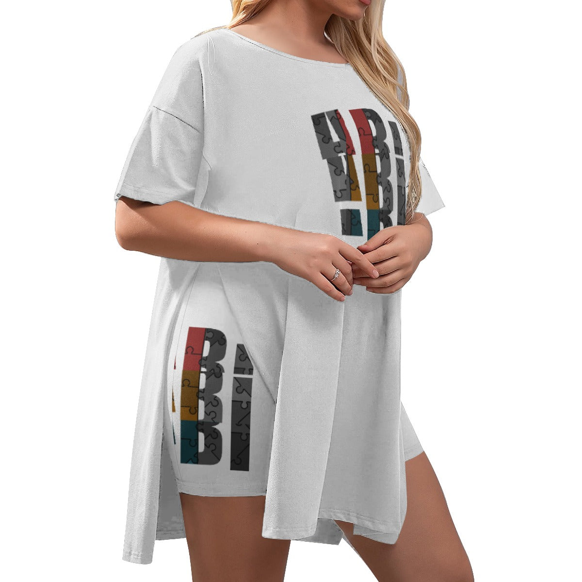 All-Over Print Women's Drop-Shoulder T-Shirt with Side Split and Shorts (Plus Size)