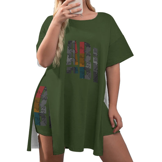 ABJ Amber Army Green All-Over Print Women's Drop-Shoulder T-Shirt with Side Split and Shorts (Plus Size)