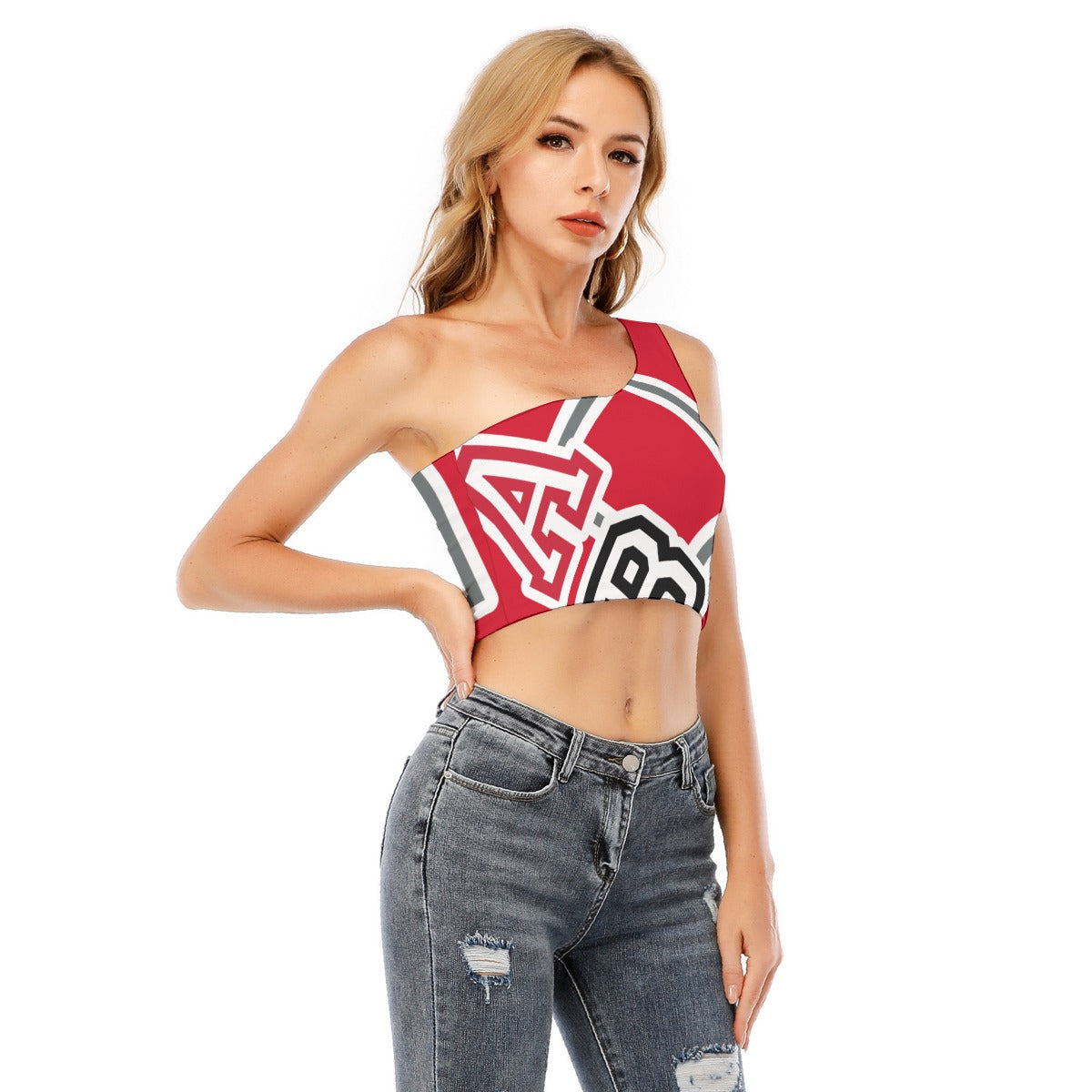 ABJ Greek Red  All-Over Print Women's One-Shoulder Cropped Top