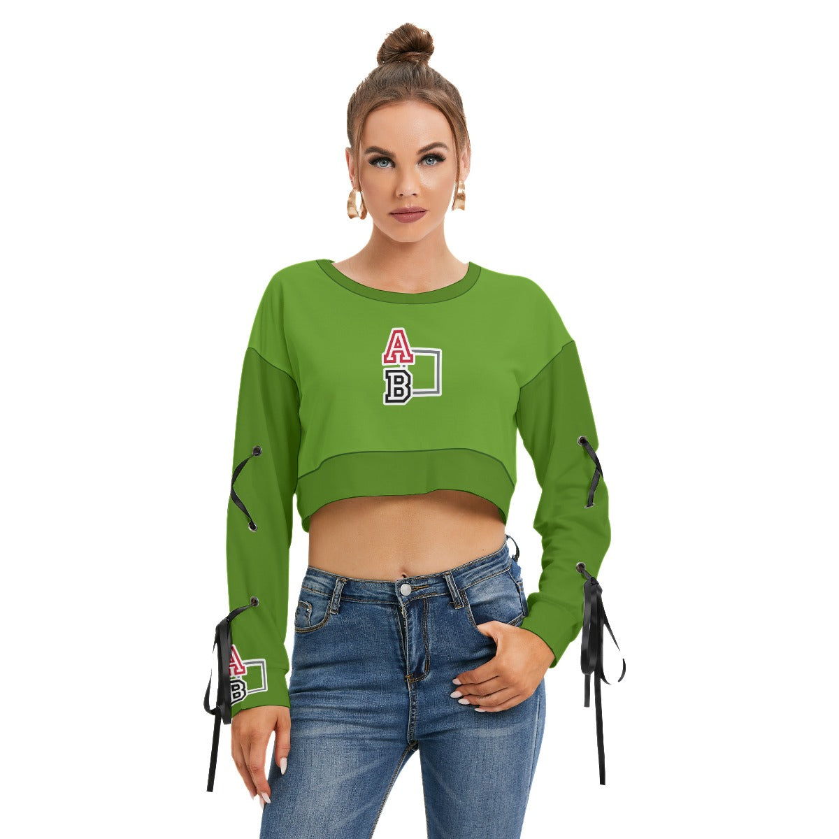 ABJ Ashley Apple Green All-Over Print Women's Long Sleeve Cropped Sweatshirt With Lace up