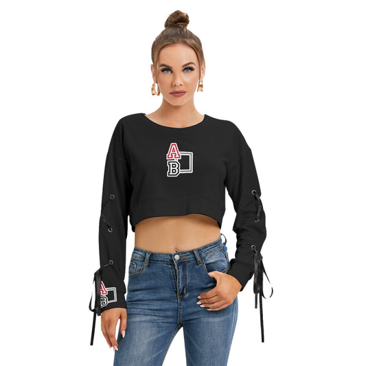 ABJ Ashley Black All-Over Print Women's Long Sleeve Cropped Sweatshirt With Lace up