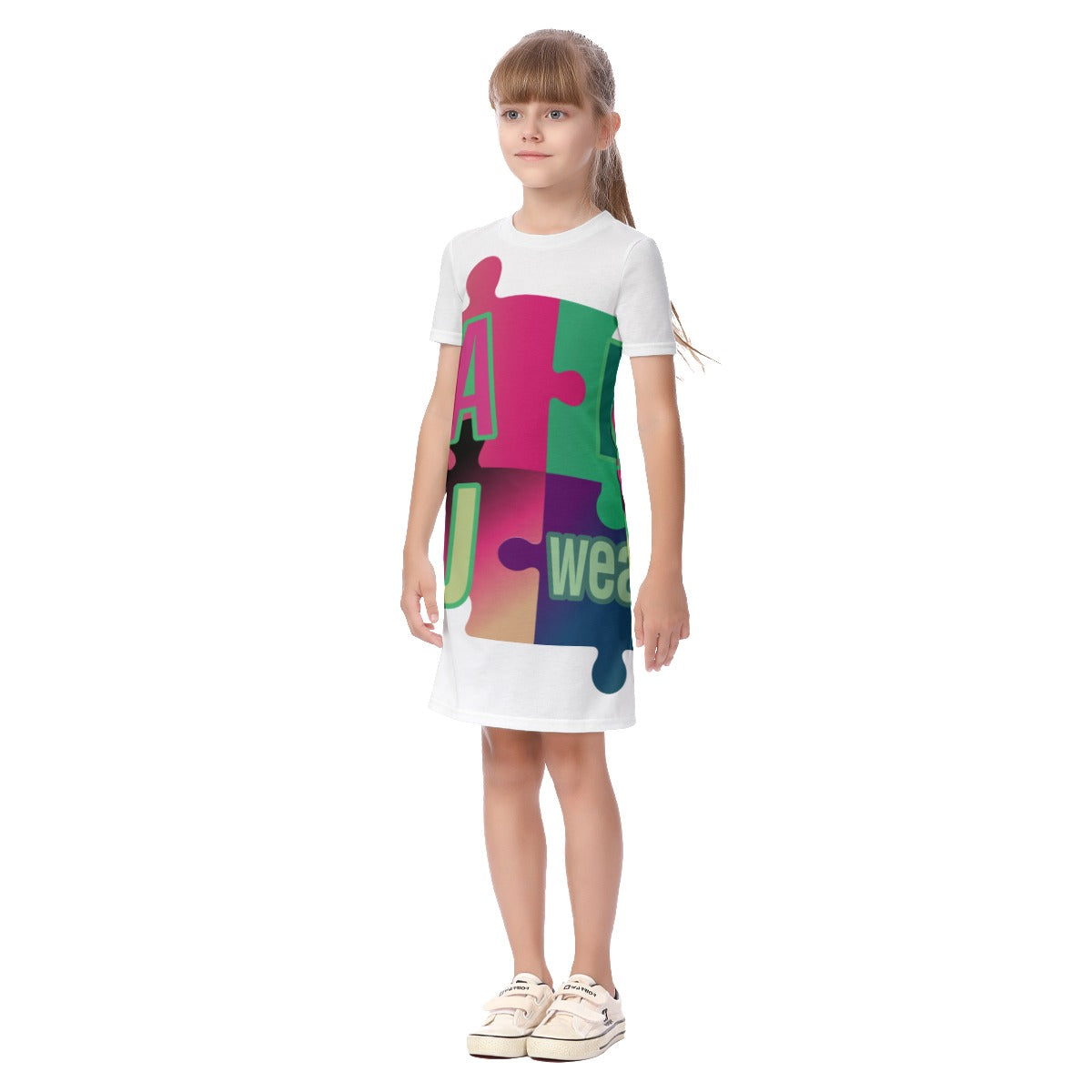 ABJ Puzzle All-Over Print Kid's Short Sleeve Dress