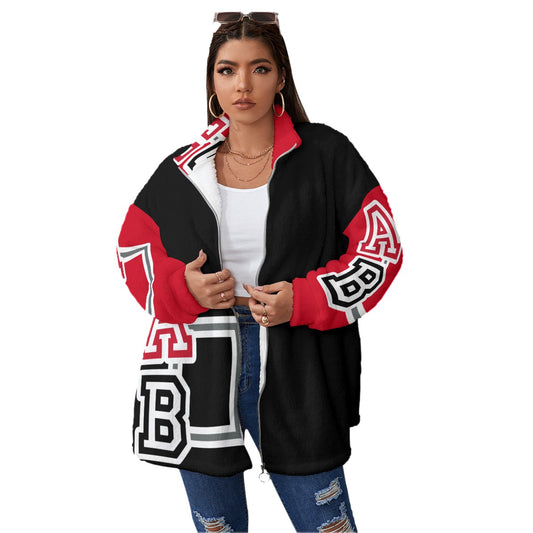 ABJ Black/Red All-Over Print Women's Borg Fleece Stand-up Collar Coat With Zipper Closure(Plus Size)