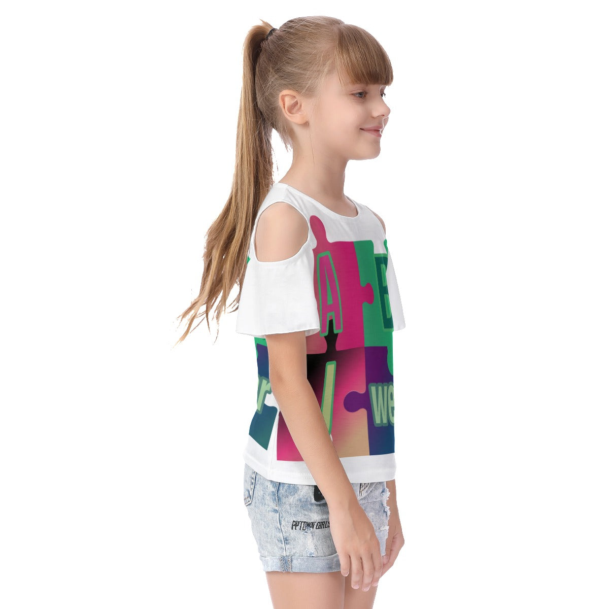 ABJ Puzzle All-Over Print Kid's Cold Shoulder T-shirt With Ruffle Sleeves