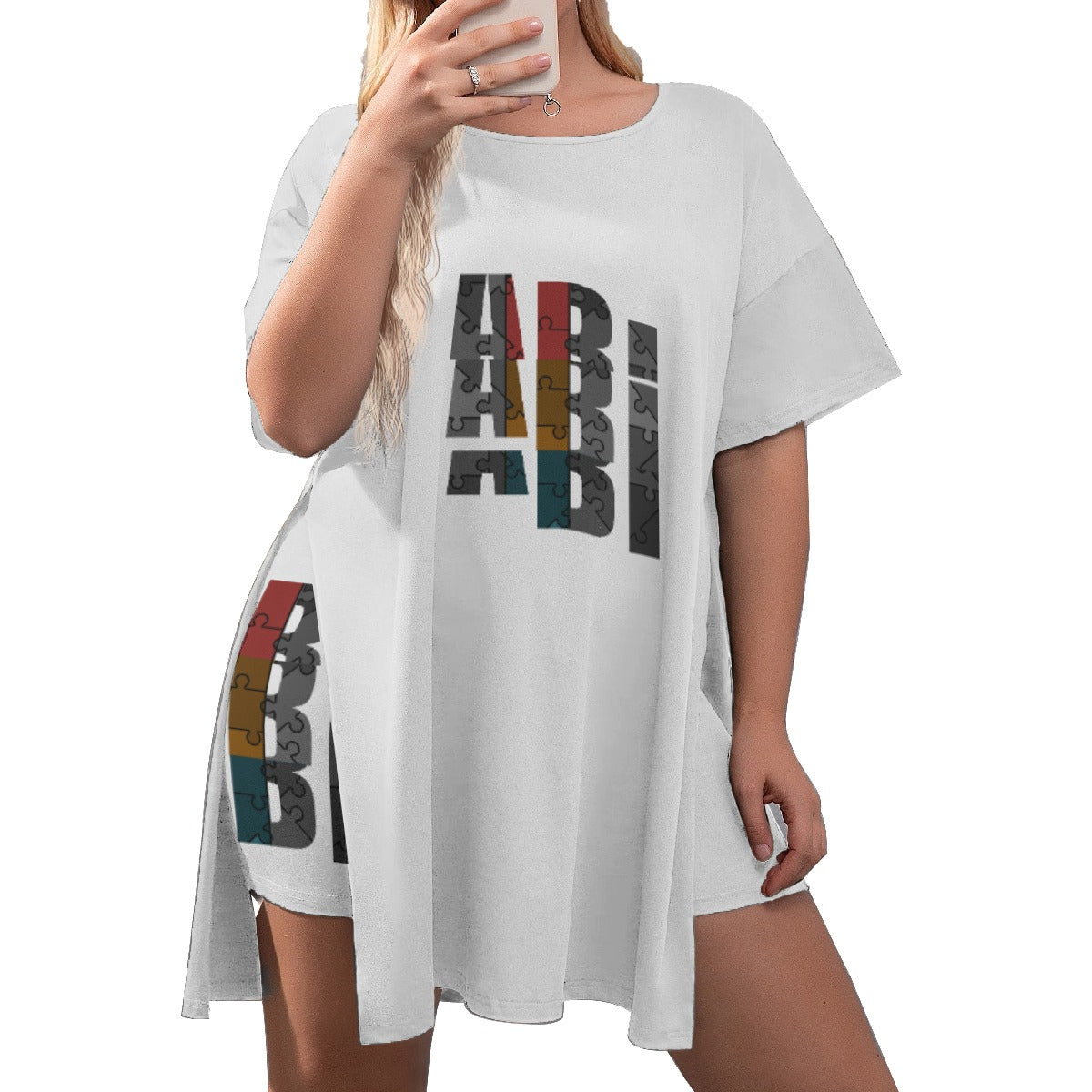 All-Over Print Women's Drop-Shoulder T-Shirt with Side Split and Shorts (Plus Size)