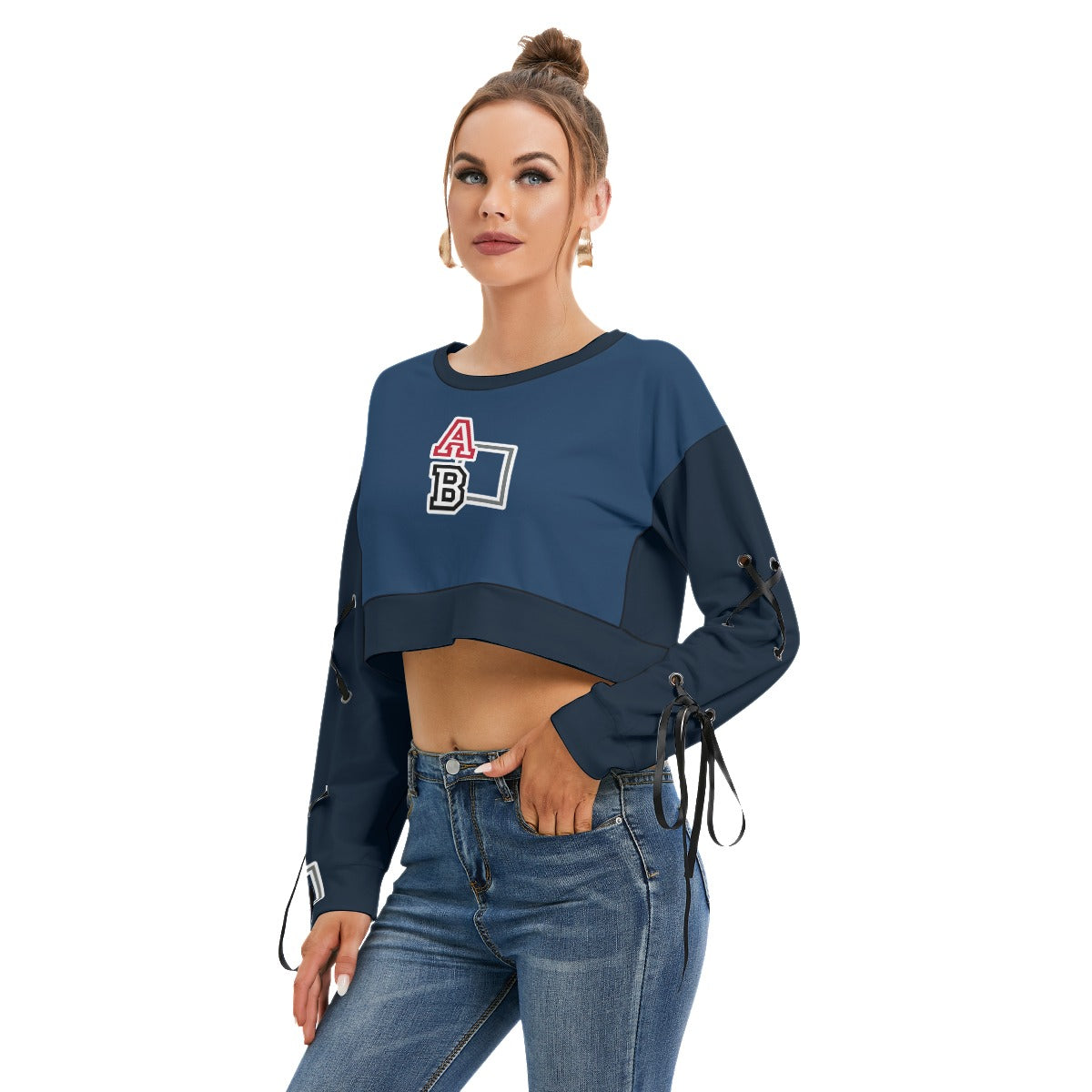 ABJ Ashley Blue All-Over Print Women's Long Sleeve Cropped Sweatshirt With Lace up